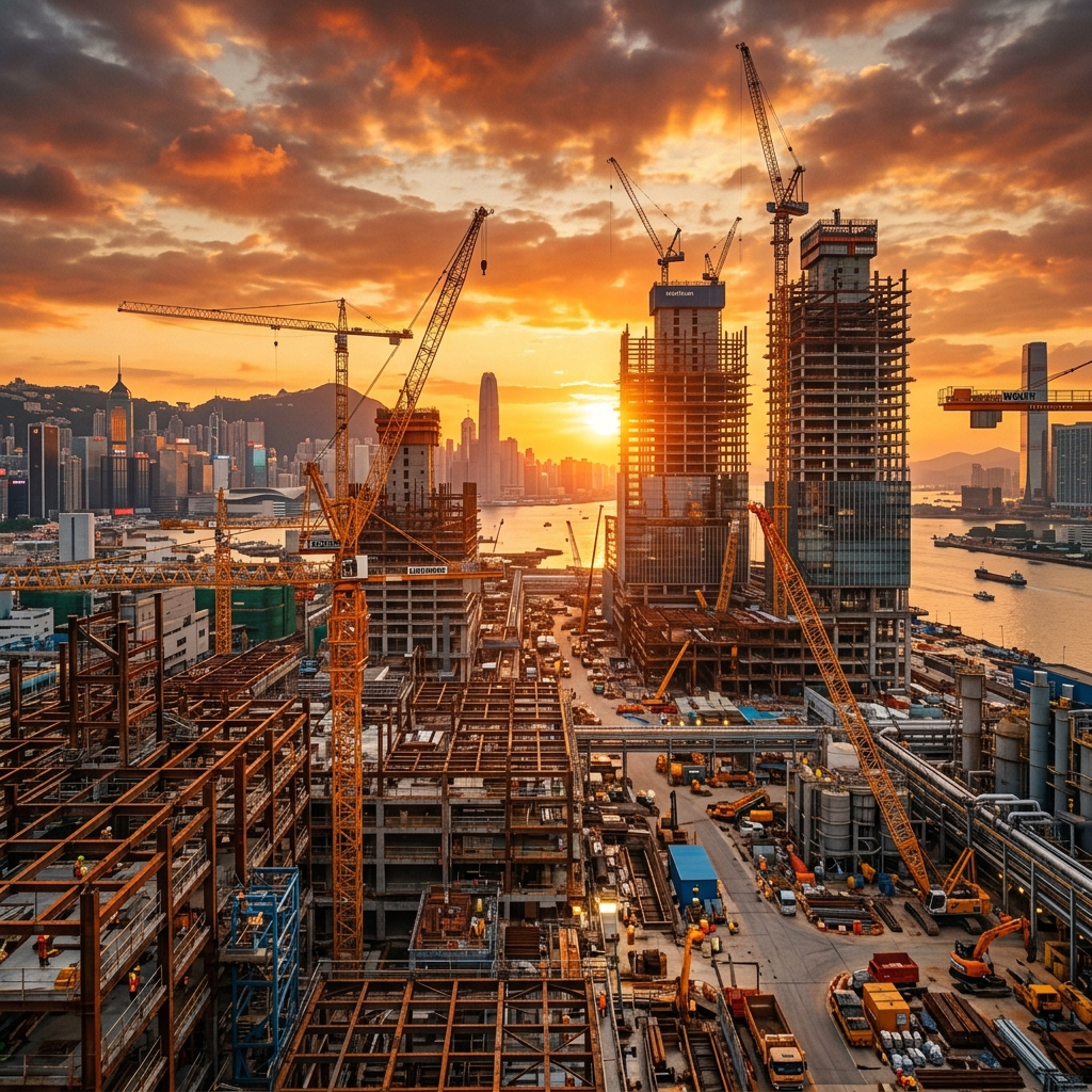 Construção industrial ao entardecer